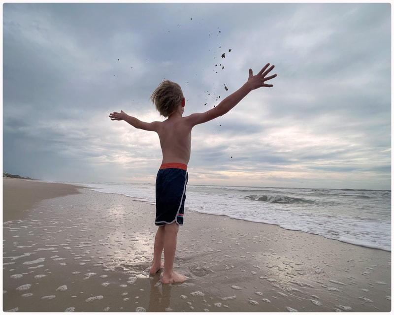 Jack healthy playing on the beach after treatment, throwing sand into the air. 